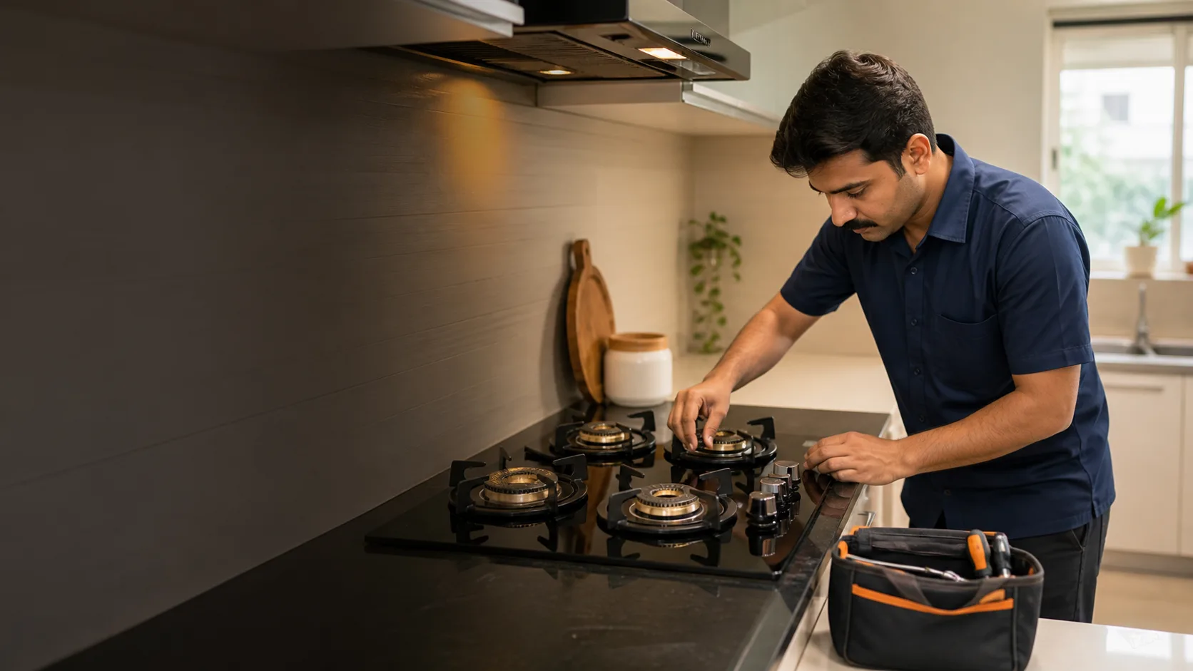 Technician inspecting a gas hob in a kitchen